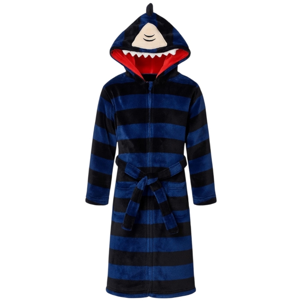 Boy's Striped Shark Hooded Robe Blue Sleepwear Size 8 Medium‎